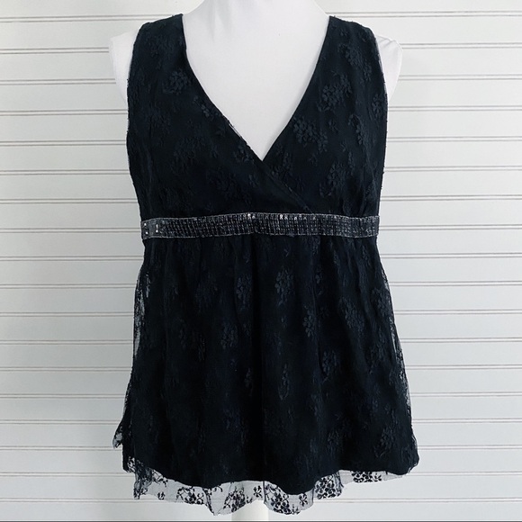New York & Company Tops - New York & Company Lace Sequin Empire Waist Top Size L Black Surplice V-Neck